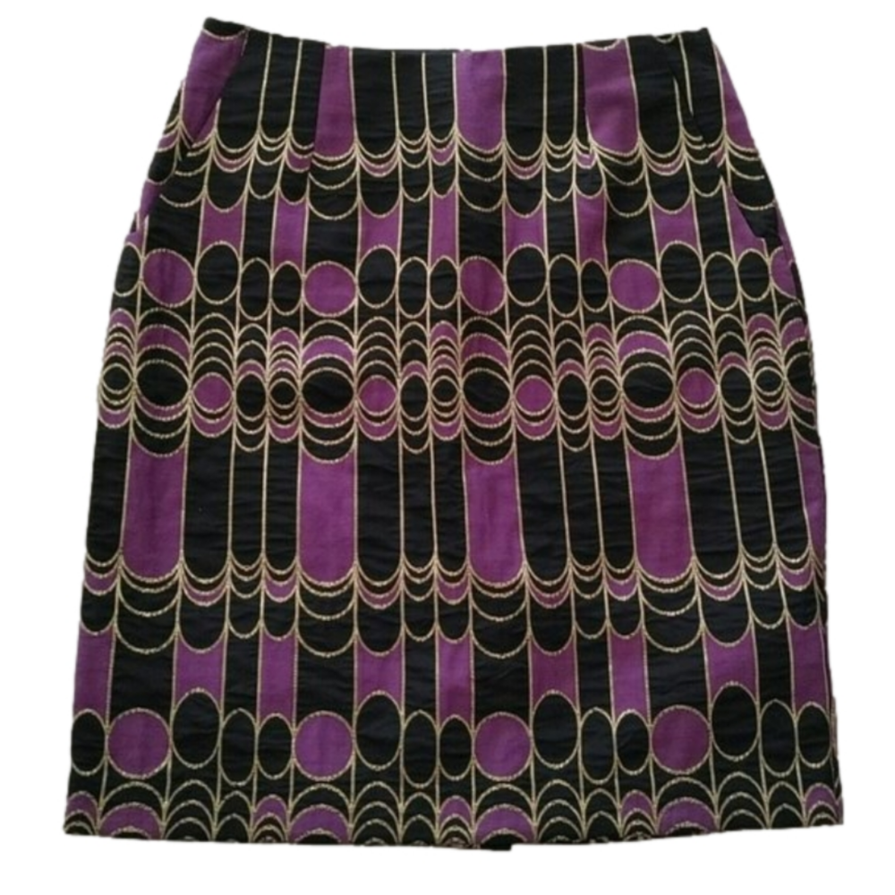 Trina Turk Rico Mini Skirt High Rise Gold Foil Circles Purple Black Size 2